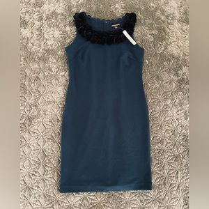 Adrienne Vittadini Ponte Dress Ruffle Neckline Cerulean Blue